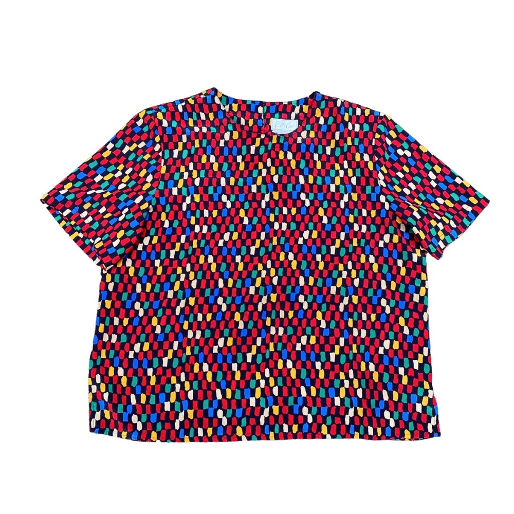 Kathy Che 80s Vintage Multicolor Abstract Blouse M/L | Retro Short Sleeve Top